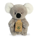 A cute koala plush with a grey coat and fluffy white ears, fun embroidered eyes, and an eco-nation tag around its neck